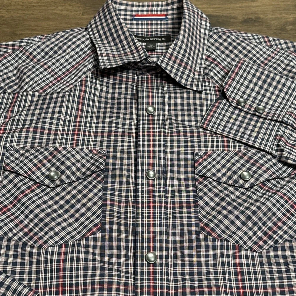 Banana Republic‎ Shirt Men's Medium Blue Red Plaid Pearl Snap Western Rockabilly